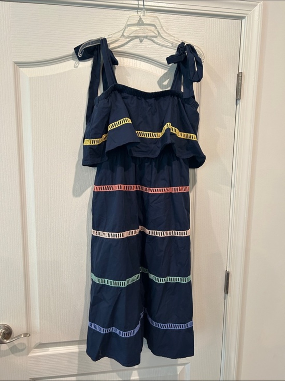 English Factory Navy Tiered Midi Dress with Multicolor Ladder Trim